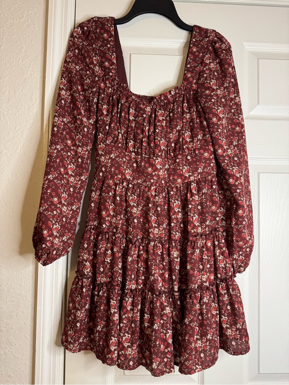 Altar'd State Burgundy Floral Tiered Long-Sleeve Dress